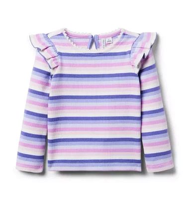 Striped Ribbed Ruffle Shoulder Top