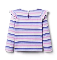 Striped Ribbed Ruffle Shoulder Top