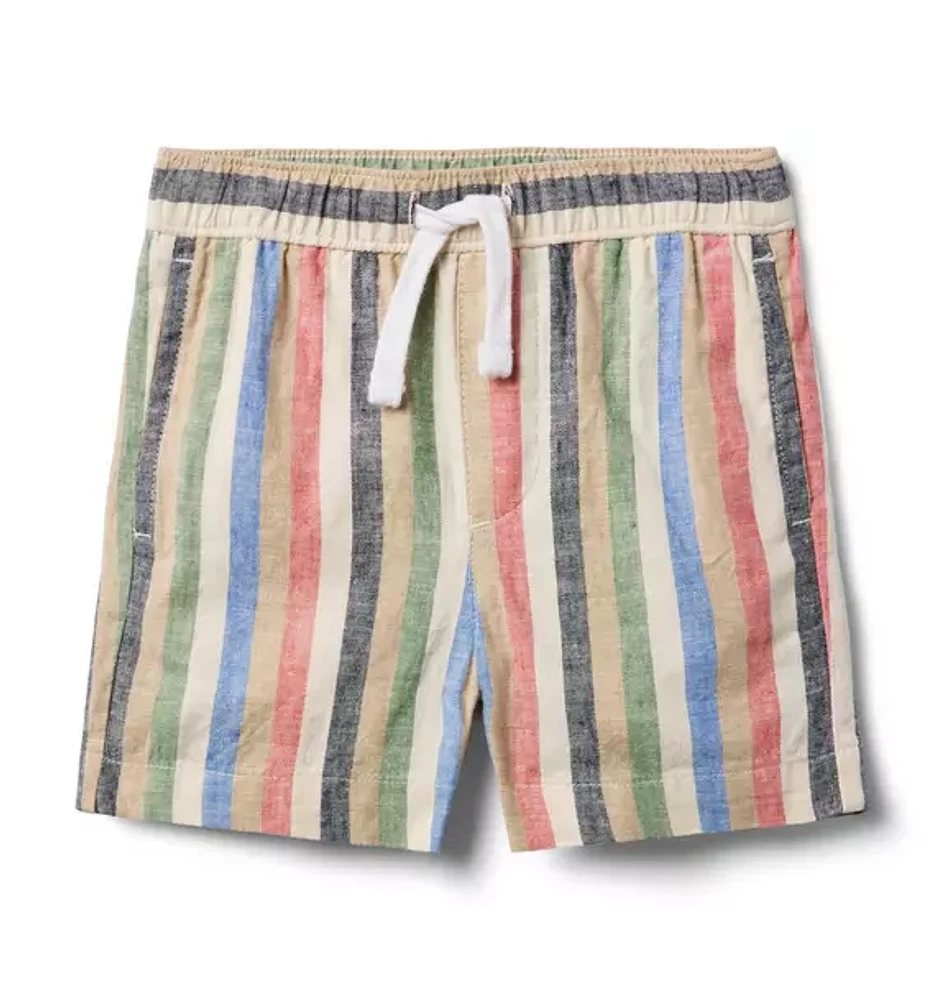 Striped Linen-Cotton Pull-On Short