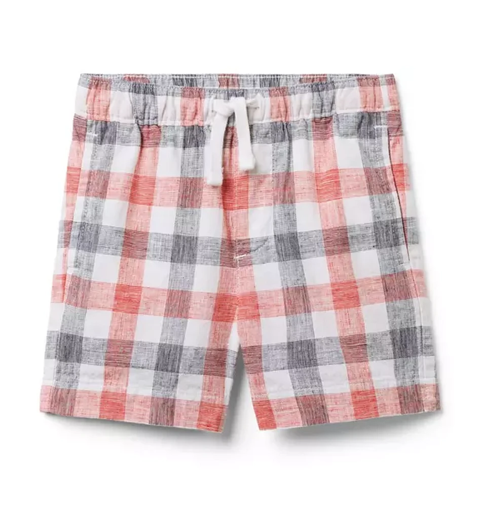 Gingham Linen-Cotton Pull-On Short