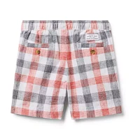 Gingham Linen-Cotton Pull-On Short