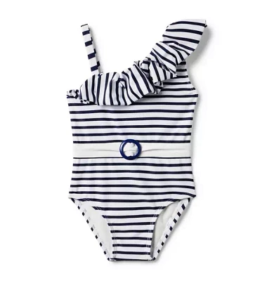 Recycled Striped Ruffle Shoulder Swimsuit