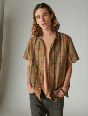 LINEN MADRAS PLAID SHORT SLEEVE CAMP COLLAR SHIRT