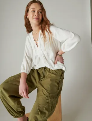 LACE UP PEASANT BLOUSE