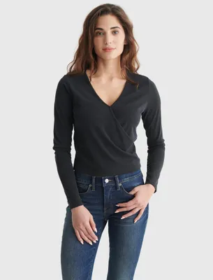 LONG SLEEVE SURPLICE RIB-KNIT TOP