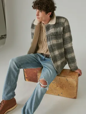 PLAID FAUX SHEARLING LINED TRUCKER JACKET