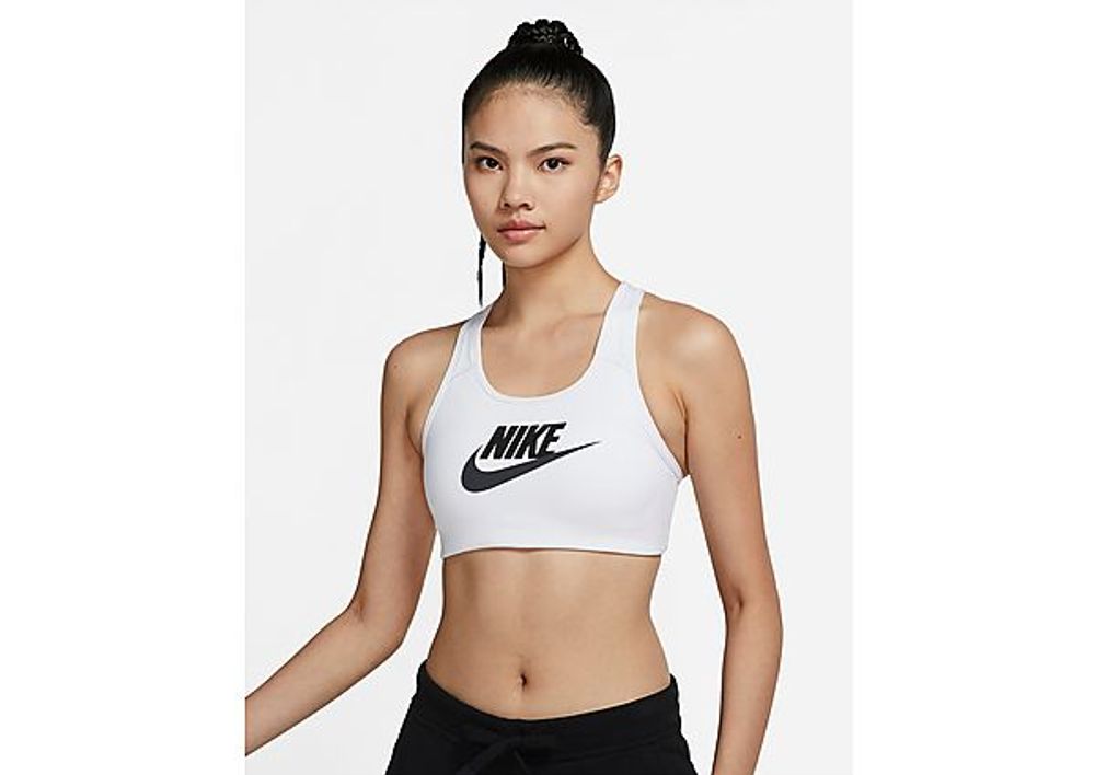 Nike Brassière de sport à motif et maintien normal Nike Dri-FIT Swoosh pour Femme - White/Black/Dark Smoke Grey