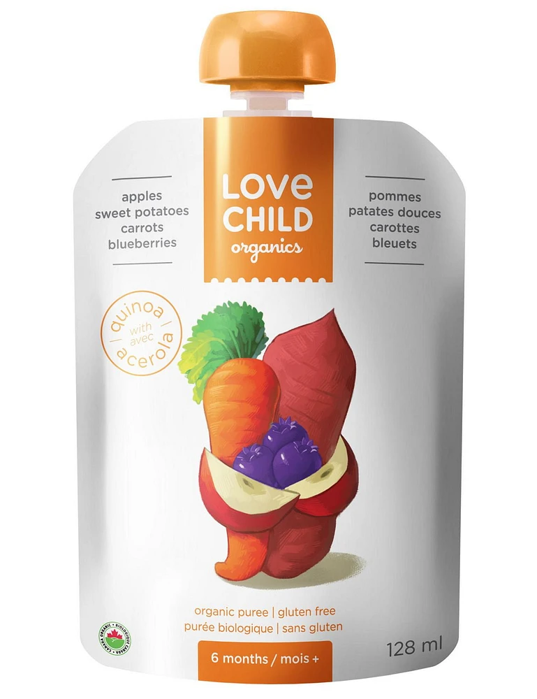 Love Child Organics Gluten Free Puree - Apples, Sweet Potatoes, Carrots & Blueberries, 128 mL