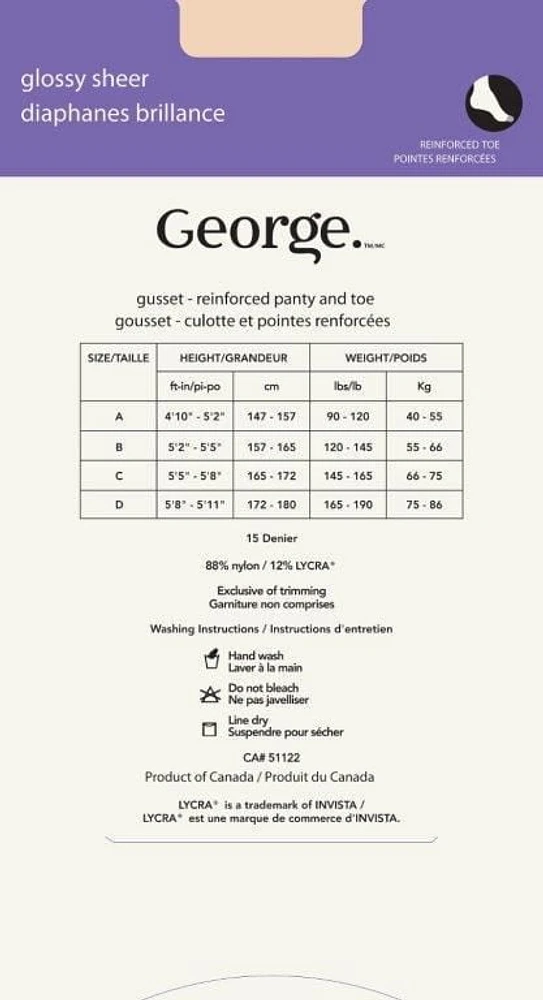 Bas-culotte diaphane lustré George pour femmes Tailles A-C