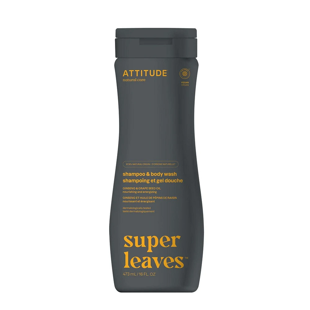 ATTITUDE super leaves, Shampoo & Body Wash, Ginseng & Grape Seed Oil, 473 mL