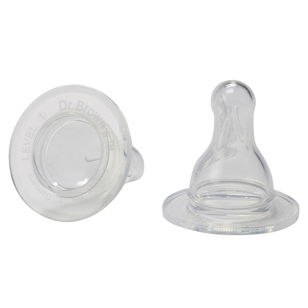 Dr. Brown’s Natural Flow Level 1 Narrow Baby Bottle Silicone Nipple, Slow Flow, 0m+, 100% Silicone Bottle Nipple, 2-Pack