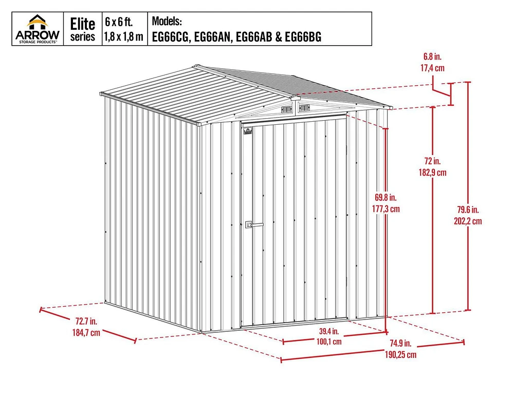 Arrow Elite - Abri de rangement en acier, 6 x 6, Anthracite