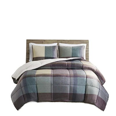 Plaid Micromink to Sherpa 3 Piece Comforter Set, DQ, K