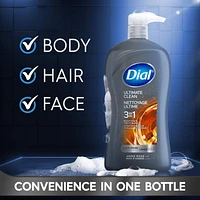 Dial Men 3in1 Body, Hair and Face Wash, Ultimate Clean, Amber Wood scent, 946ml, 1 Bottle, 946ml