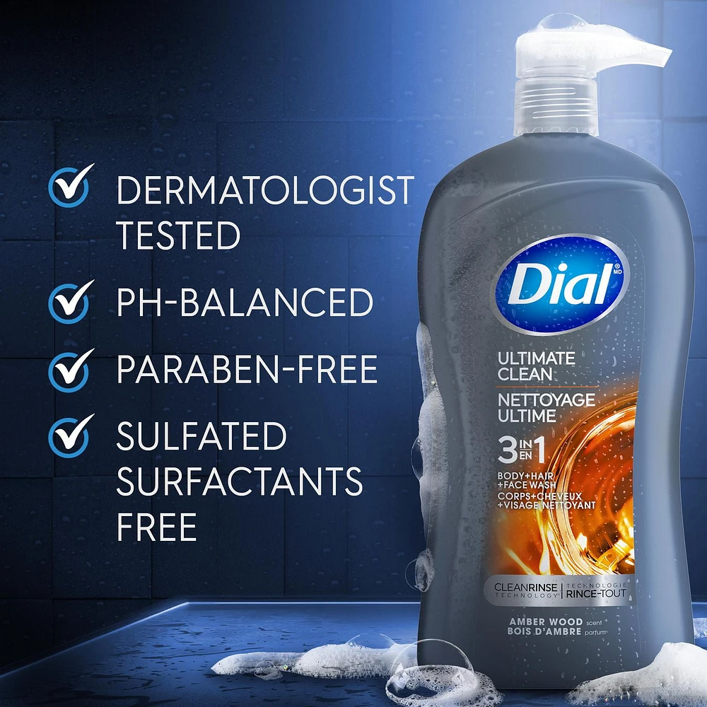 Dial Men 3in1 Body, Hair and Face Wash, Ultimate Clean, Amber Wood scent, 946ml, 1 Bottle, 946ml