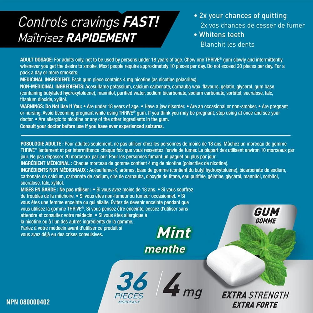 Gomme Thrive 4 mg Extra-forte Remplacement de la nicotine Menthe, 36 morceaux