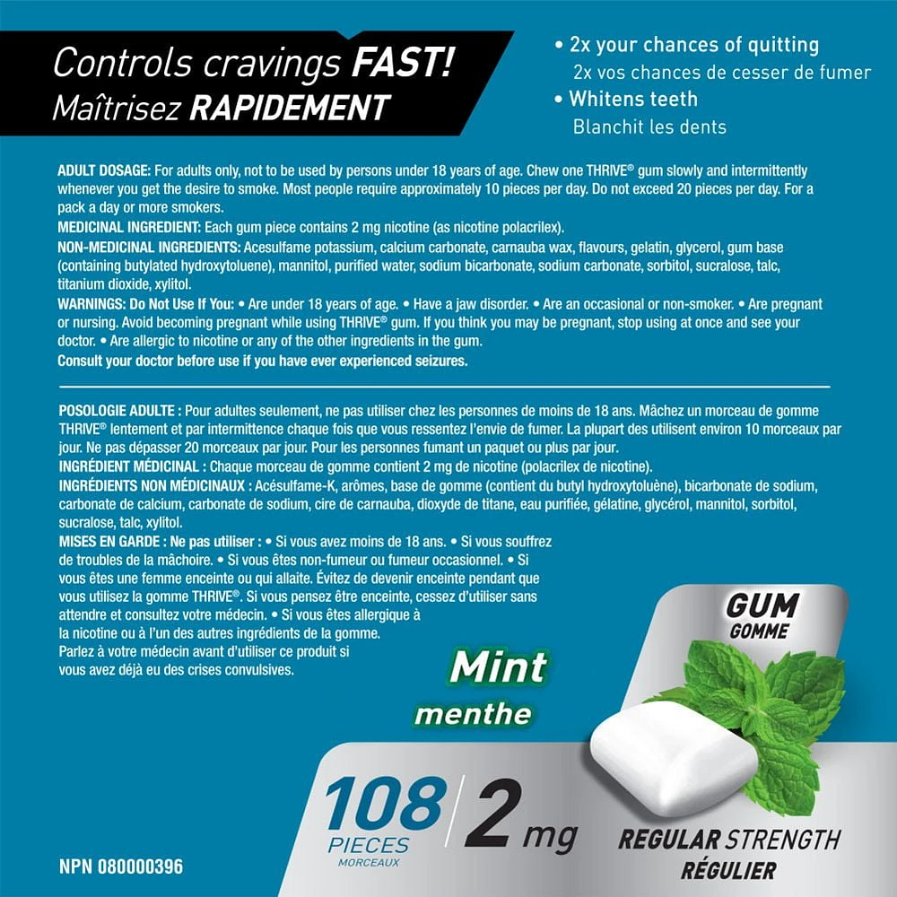 Thrive Gum 2mg Regular Strength Nicotine Replacement, Mint, 108 count