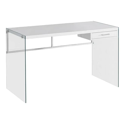 Monarch Specialties Computer Desk, Home Office, Laptop, Storage Drawers, 48"l, Work, Tempered Glass, Laminate, Glossy White, Clear, Contemporary, Modern