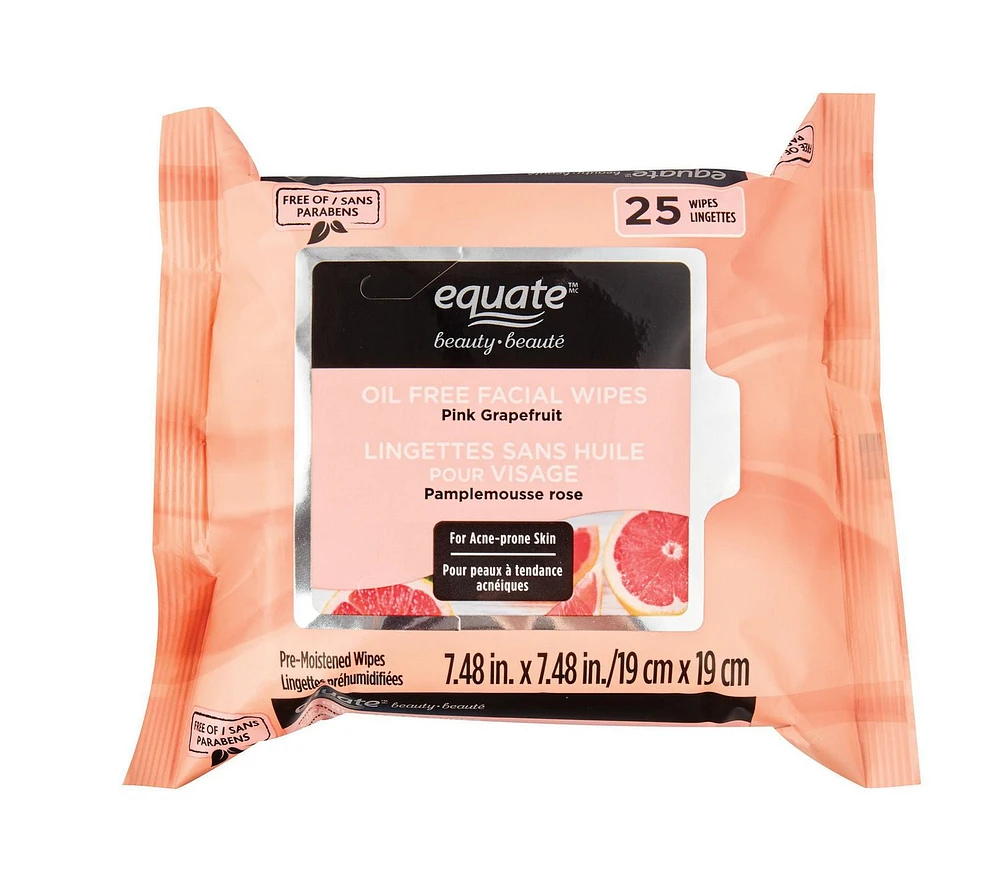 Equate Beauty Oil Free Facial Wipes  25ct, 7.48in.x7.48in / 19cm x19cm