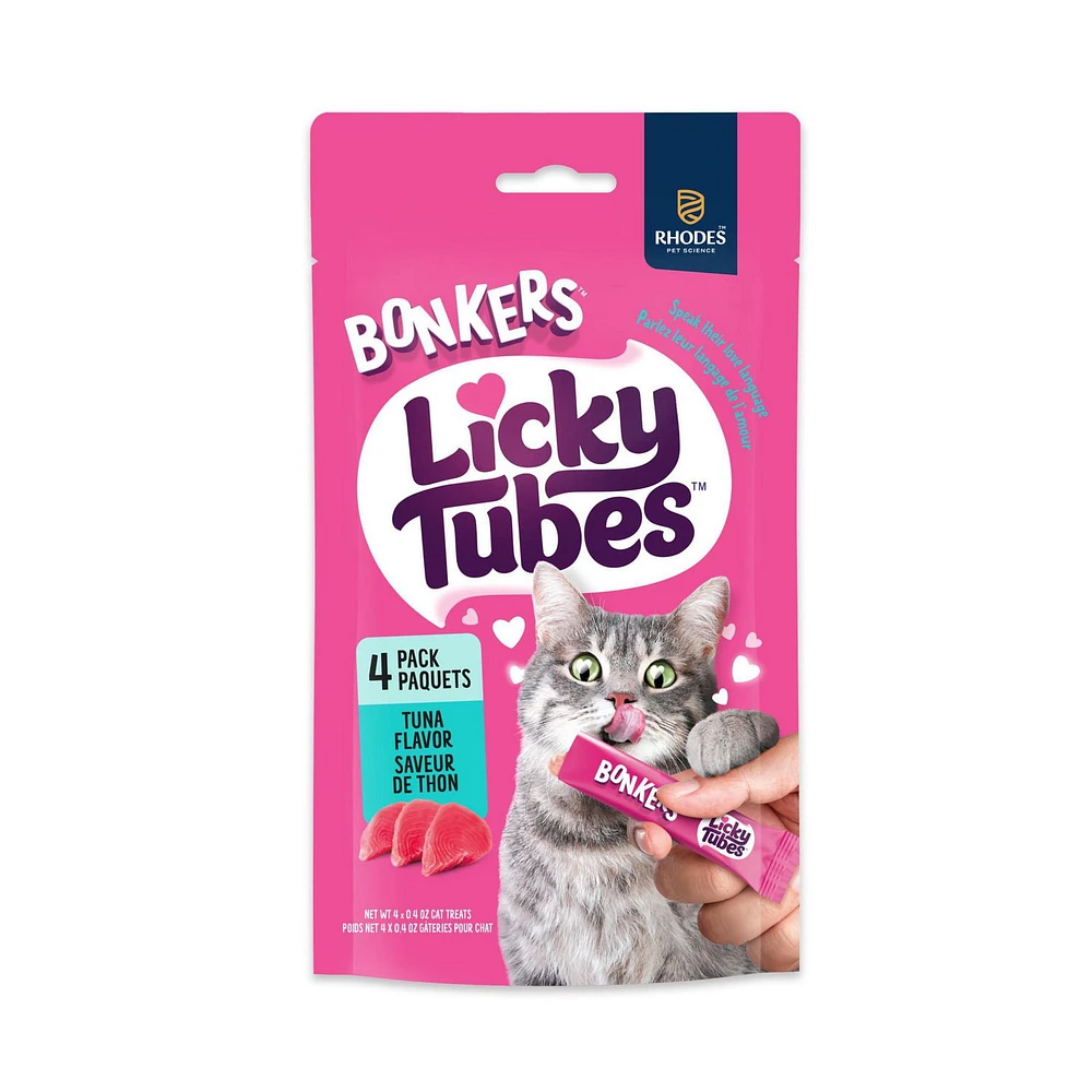BONKERS Licky Tubes, Wet Tasty Tuna Flavored Cat Treats, 4 Tubes, Licky Tubes Wet Cat Treats Tuna Recipe 4 Pack