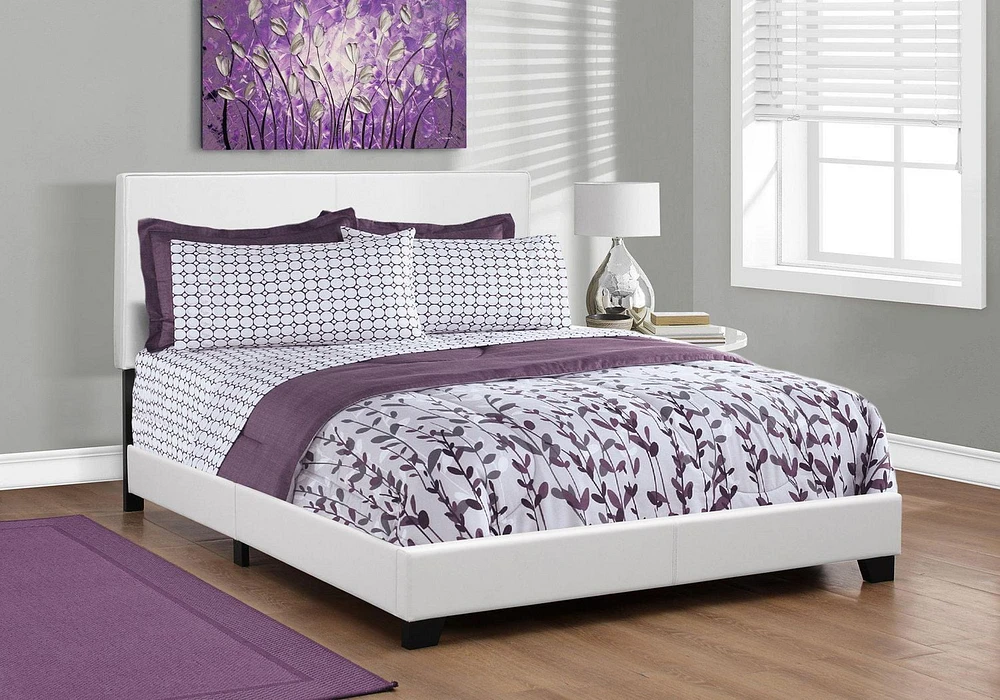 Monarch Specialties Bed, Queen Size, Platform, Bedroom, Frame, Upholstered, Pu Leather Look, Wood Legs, White, Transitional