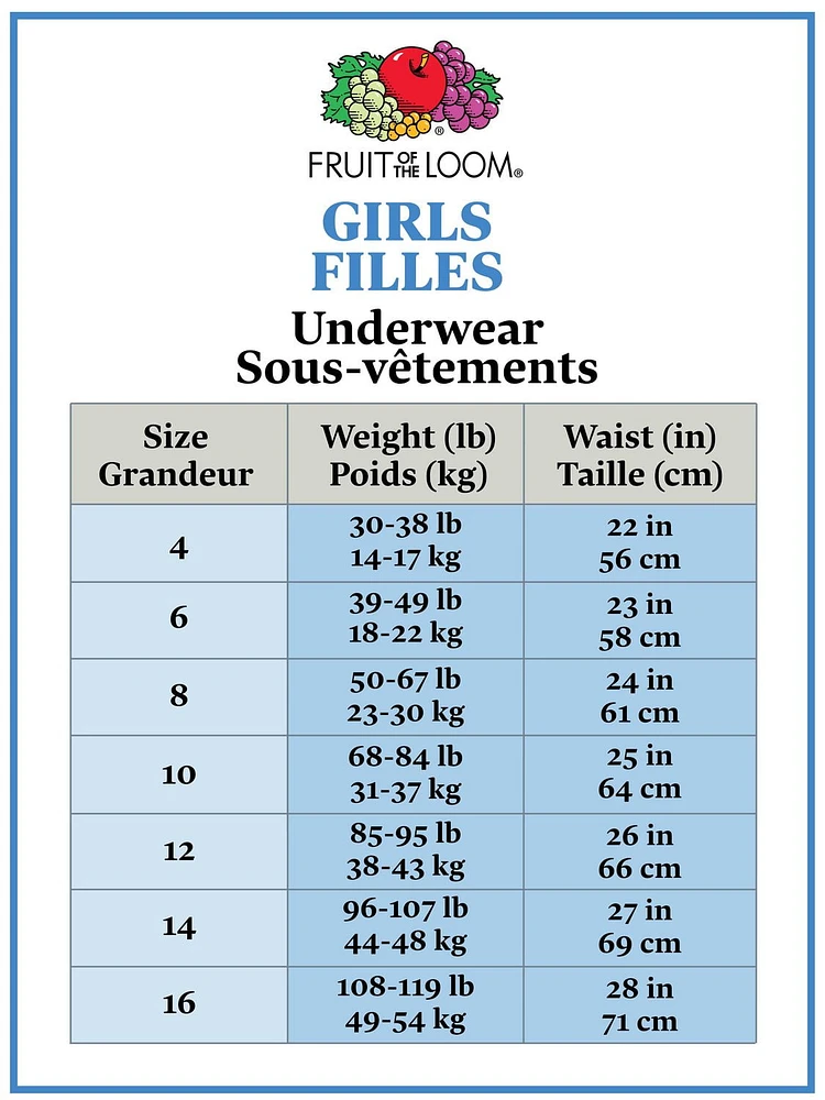 Culottes a la hanche pour filles, Fruit of the Loom, paquet de 9 Tailles 6 à 16