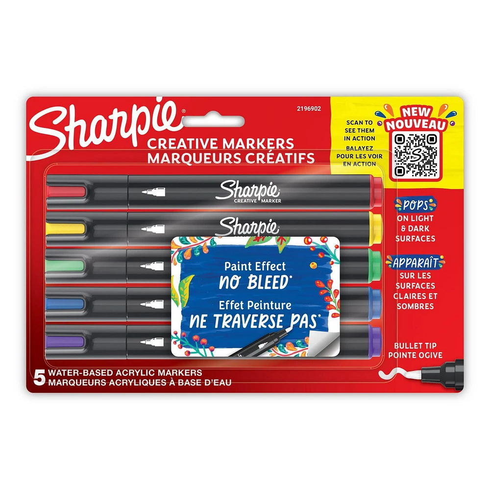 Sharpie Creative Markers, Water-Based Acrylic Markers, Bullet Tip, Assorted Colours, 5 Count