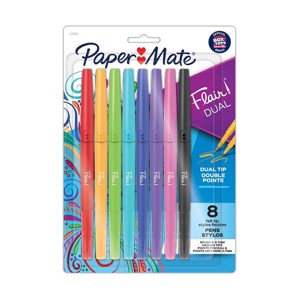 Paper Mate Flair DUAL Felt Tip Pens, Brush and Medium Tips, Assorted Colours, 8 Count