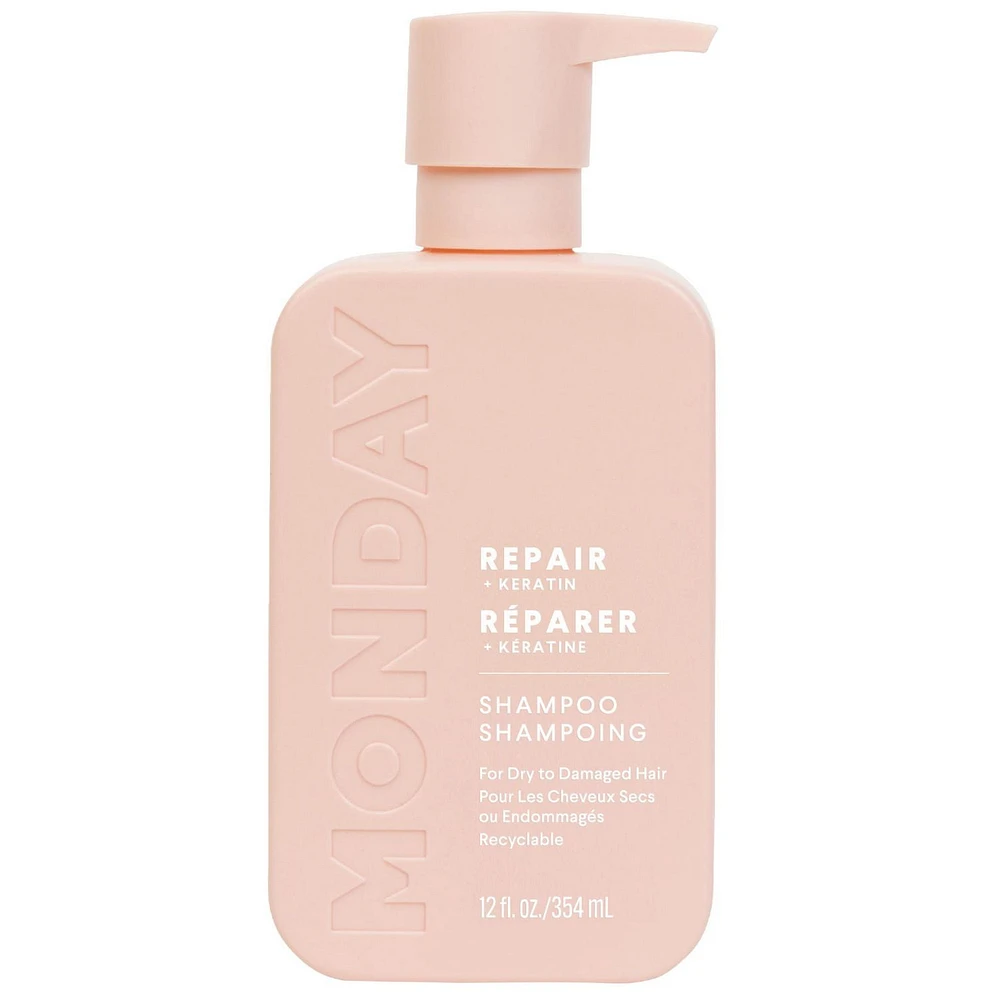 MONDAY Haircare Shampooing réparateur à la kératine, à l'huile d'argan et au beurre de cacao 354mL Pour les cheveux secs, abîmés et épuisés 354 ml Avec Kératine