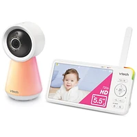 VTech RM6756HD Moniteur vidéo Wi-Fi à distance pour chambre de bébé avec écran 720p haute définition de 5,5 pouces, vision nocturne en couleur et veilleuse tactile, fonctionne avec iOS, Android, blanc RM6756HD