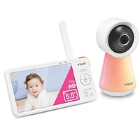 VTech RM6756HD Moniteur vidéo Wi-Fi à distance pour chambre de bébé avec écran 720p haute définition de 5,5 pouces, vision nocturne en couleur et veilleuse tactile, fonctionne avec iOS, Android, blanc RM6756HD