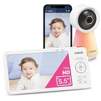 VTech RM6756HD Moniteur vidéo Wi-Fi à distance pour chambre de bébé avec écran 720p haute définition de 5,5 pouces, vision nocturne en couleur et veilleuse tactile, fonctionne avec iOS, Android, blanc RM6756HD