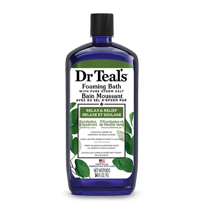 Dr Teal’s Foaming Bath with Pure Epsom Salt, Relax & Relief with Eucalyptus & Spearmint (Packaging May Vary), 34 fl oz / 1L