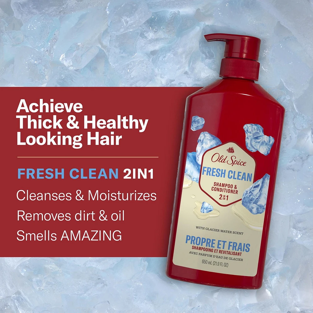 Old Spice Fresh Clean Shampoo and Conditioner 2in1 for Men with Glacier Water Scent, for Thick and Healthy Hair for Men, 650ML