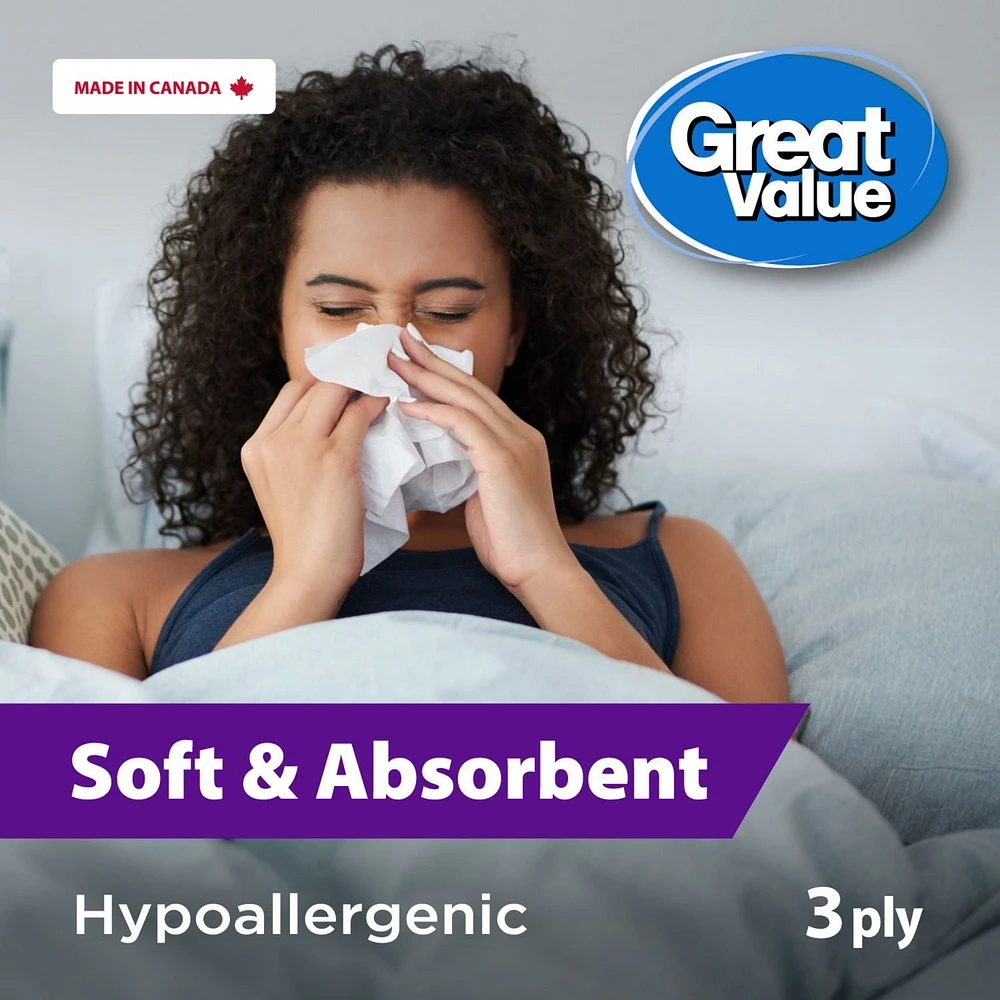 Great Value, Facial Tissues, 6 flat boxes, 88 tissues per box, 3Ply, 528 Tissues in total