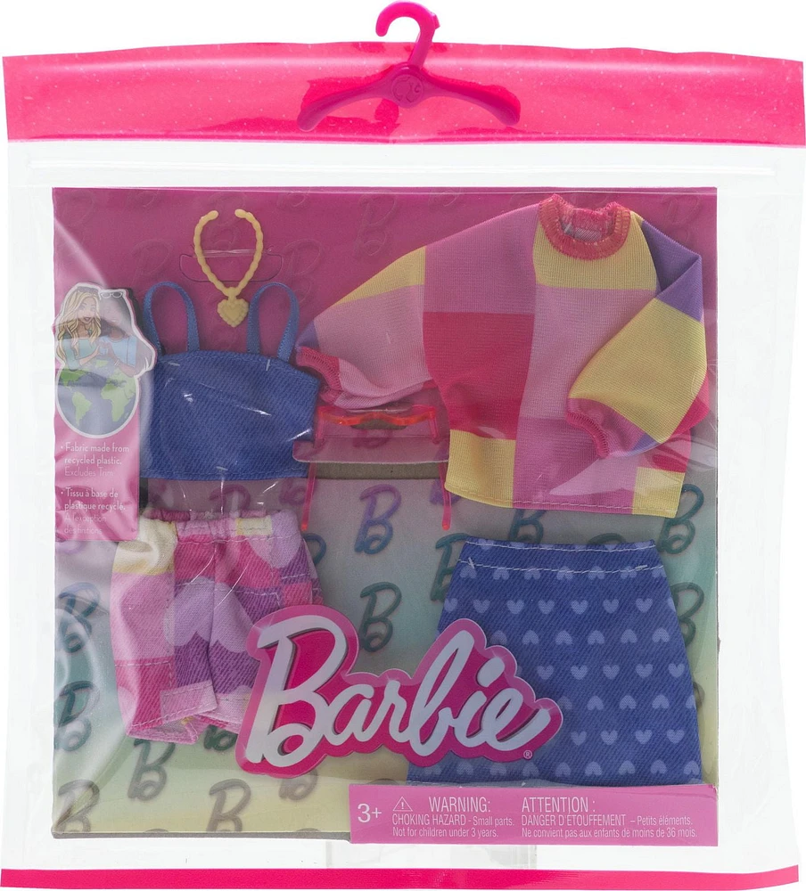 Barbie Doll Clothing, Fashion and Accessory 2-Pack featuring Pink & Blue Patterns (2 Outfits)