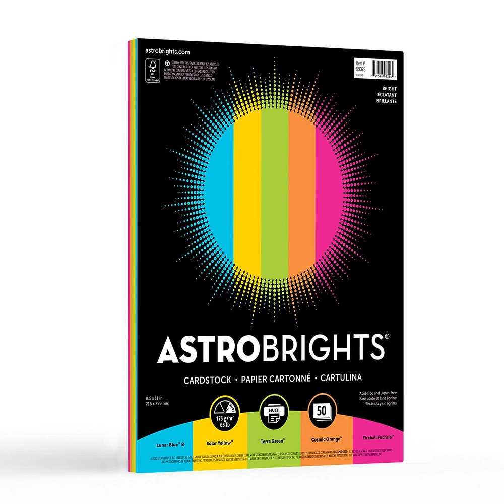 Astrobrights Coloured Cardstock, "Bright" 5-Colour Assortment, 8.5" x 11", 65 lb, 50 Sheets