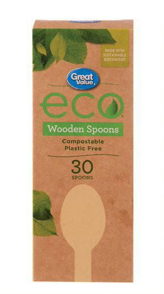 Great Value Eco Compostable Wooden Spoons, Pack of 30