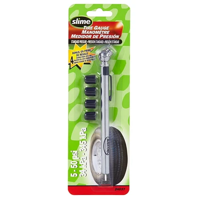 Slime Pencil Tire Pressure Gauge with Valve Caps, 5-50 PSI