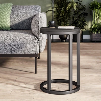 CorLiving Fort Worth Engineered Wood Round Top Side Table with C-Shaped Steel Base for Small Spaces, Books, Drinks, or Décor