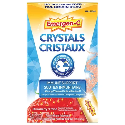 Emergen-C Crystals On-The-Go Immune Support Supplement with Vitamin C, Zinc , B Vitamins & Manganese, Strawberry Flavour, 24 Packets, Strawberry Flavour, 24 Packets