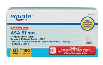 Equate Asa 81 mg Enteric Coated Tablets, 180 Tablets