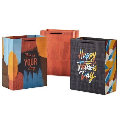 Hallmark Mahogany 11" Large Father's Day Gift Bag Bundle (3 Bags: "Happy Father's Day," Patterned Triangles, "This is Your Day") Dark Gray, Yellow, Blue, Orange