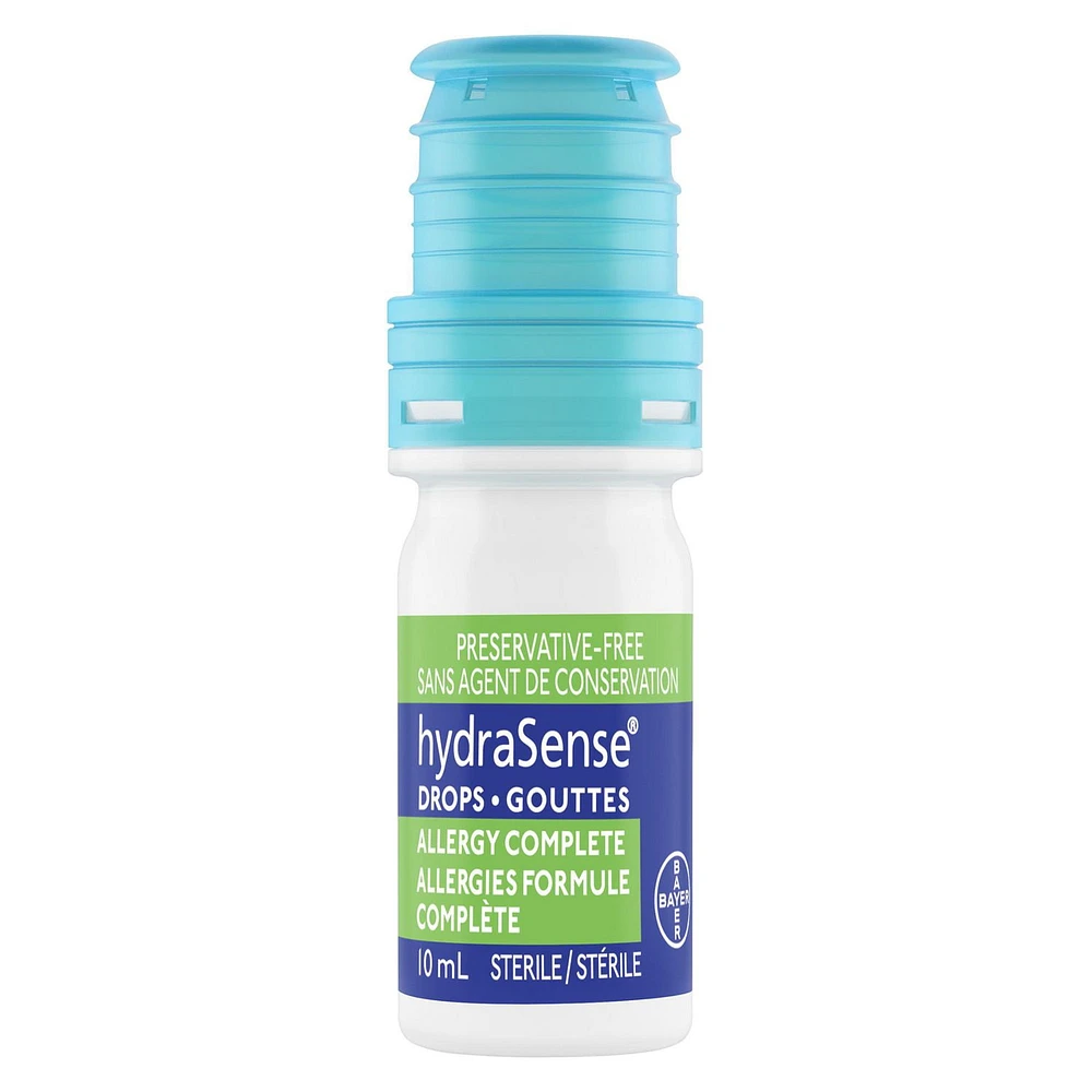 hydraSense Allergies formule complète – Gouttes oculaires sans agent de conservation contre les symptômes de sécheresse oculaire et d’allergie 10 ml