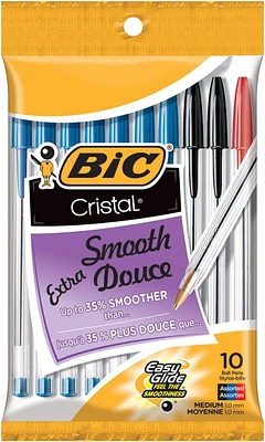 BIC Cristal Extra Smooth Assorted Ballpoint Pens, Medium Point (1.0mm), 10-Count Pack, Extra Smooth and Reliable Ballpoint Pens, Pack of 10