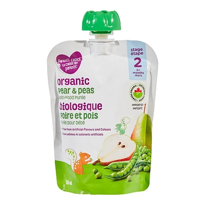 Parent’s Choice Organic Pear & Peas Baby Food Purée, 128 ml