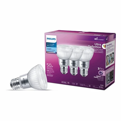 PHILIPS 5.5W 50W PAR20 Medium Base Ultra High Definition Daylight Dimmable LED Light Bulbs - 3 Pack, Philips 50W LED PAR20