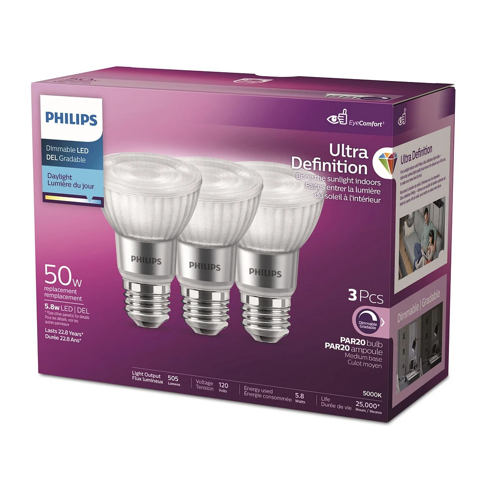 PHILIPS 5.5W 50W PAR20 Medium Base Ultra High Definition Daylight Dimmable LED Light Bulbs - 3 Pack, Philips 50W LED PAR20