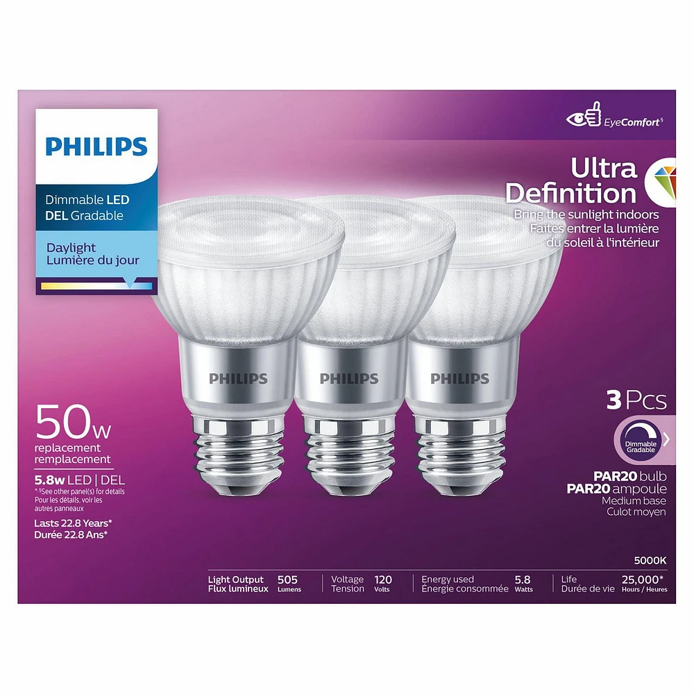 PHILIPS 5.5W 50W PAR20 Medium Base Ultra High Definition Daylight Dimmable LED Light Bulbs - 3 Pack, Philips 50W LED PAR20