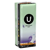 Serviettes maxi de nuit U by Kotex Clean & Secure avec ailes, sans parfum
